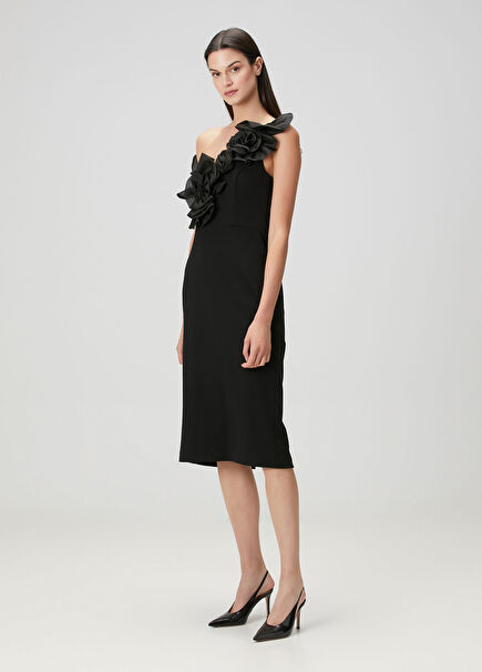 Black One Shoulder Midi Cocktail Dress