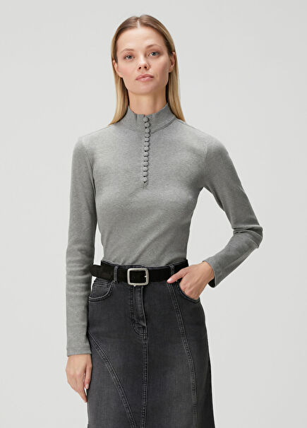 Gri Düğmeli Uzun Kol T-shirt