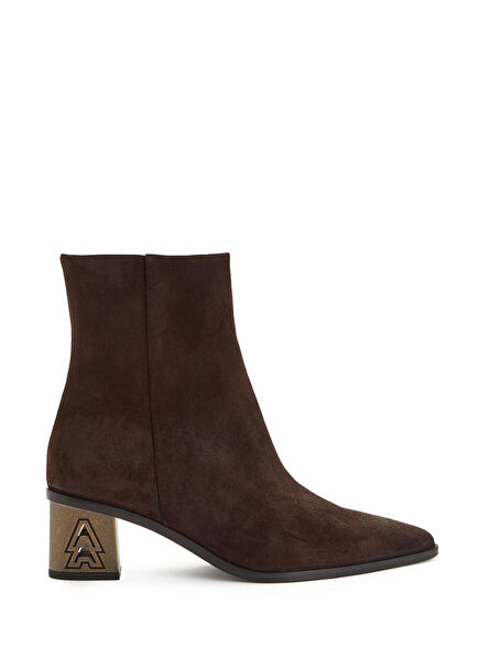 Dark Brown Heel Logo Women's Suede Boots