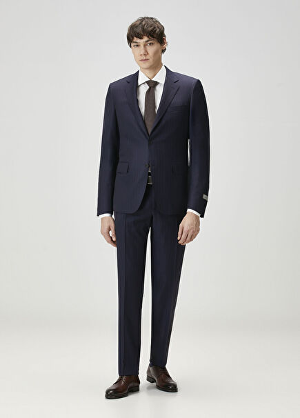 Navy Blue Stripe Patterned Wool Suit