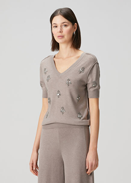 Taupe Crystal Embellished Knit Blouse