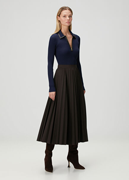 Kahverengi Pileli Midi Etek