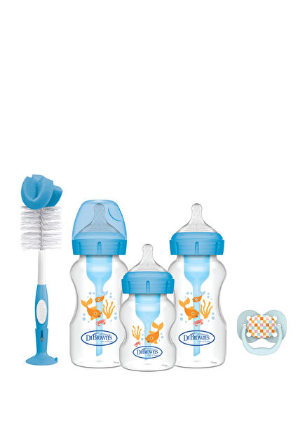 Options+™ Mavi PP 0+ Ay Geniş Ağız Anti-Kolik Biberon Hediye Seti 270ml 150ml