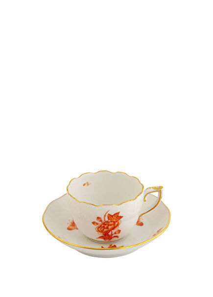 Victoria Papillons Meat Fleurs Patterned Orange Porcelain Coffee Cup and Saucer