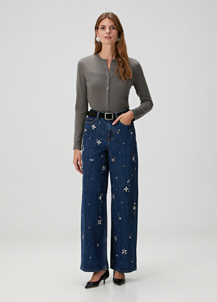 Dark Blue Embellished Wide-Leg Jeans