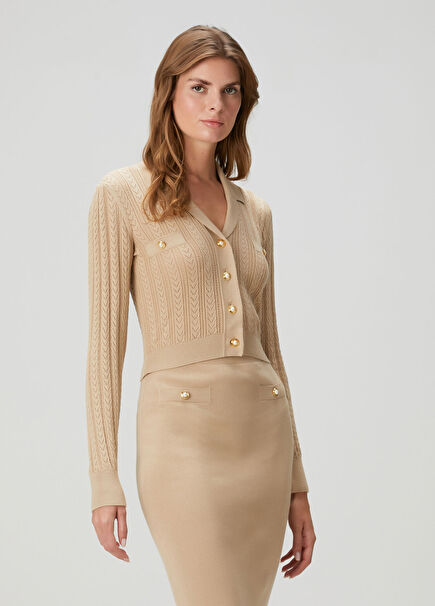 Bej Dantel Örgülü Triko Hırka