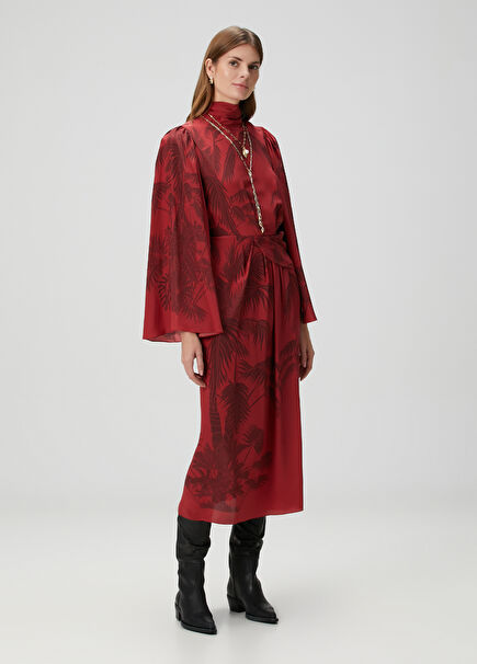 Kırmızı Desenli Midi İpek Elbise