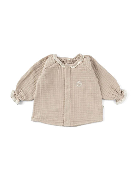 Beige Organic Cotton Muslin Unisex Baby Shirt with Brodeli 