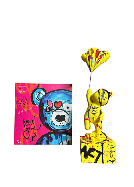 Ayakta Duran Balonlu Ayıcık Pop Art Sarı Dekoratif Heykel 