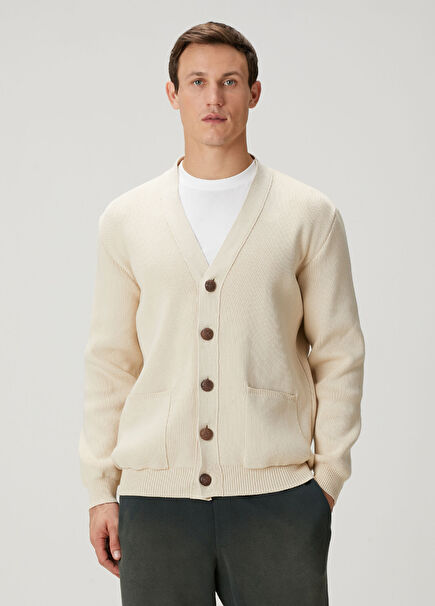 Krem Logo Nakışlı Triko Hırka