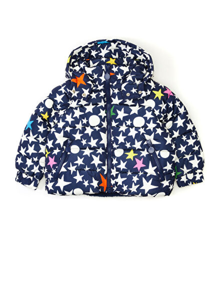 Çok Renkli Mavi Kapüşonlu Kız Çocuk Puff Mont