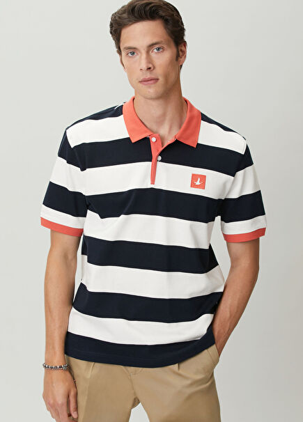 Comfort Fit Lacivert Beyaz Polo Çizgili T-shirt