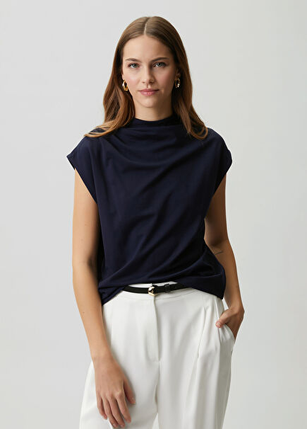 Lacivert Drape Detaylı T-shirt