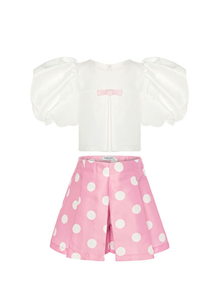 Pamuklu Balon Kollu Bluz & Puantiyeli Etek Kız Çocuk 2'li Set