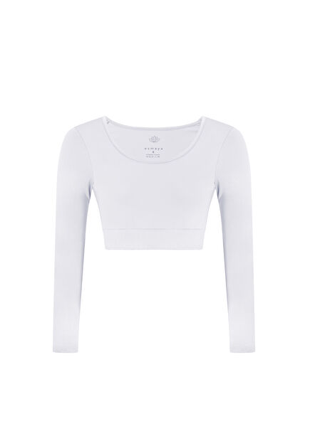 Beyaz Uzun Kollu Kadın Crop Spor Body