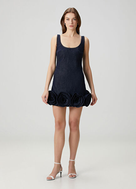 Indigo Çiçek Detaylı Mini Denim Elbise