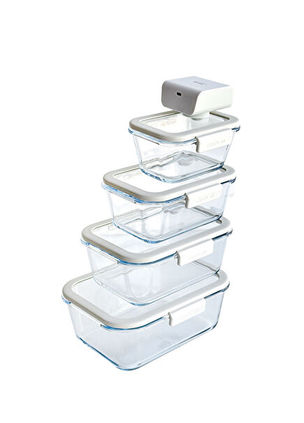 Fika Glace Bej Kapaklı Cam 5'li Saklama Kabı Seti