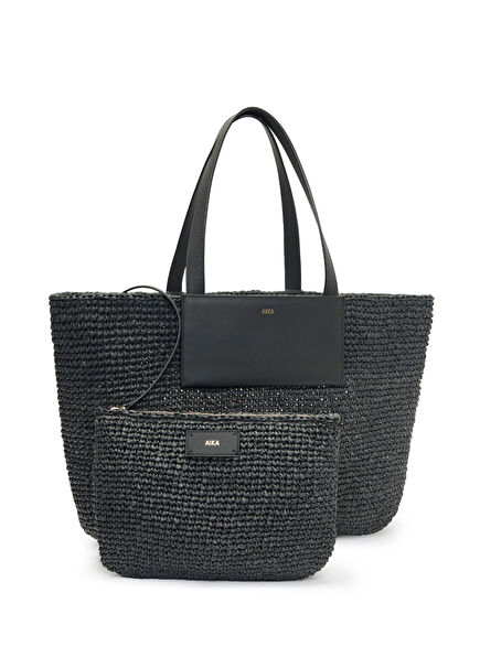 Myra Siyah Rafya Kadın Plaj Çantası ve Clutch 