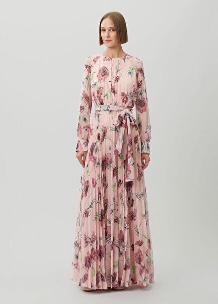 Pink Floral Pleated Maxi Dress
