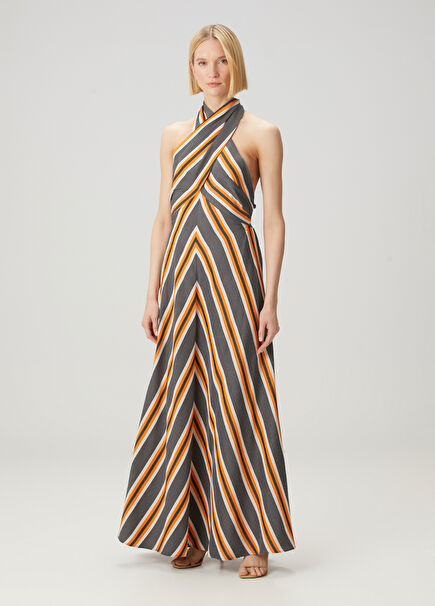 Orange Grey Maxi Silk Dress