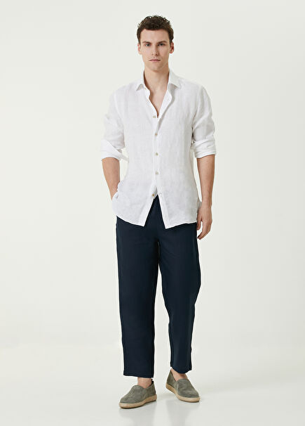 Navy Blue Belted Linen Trousers