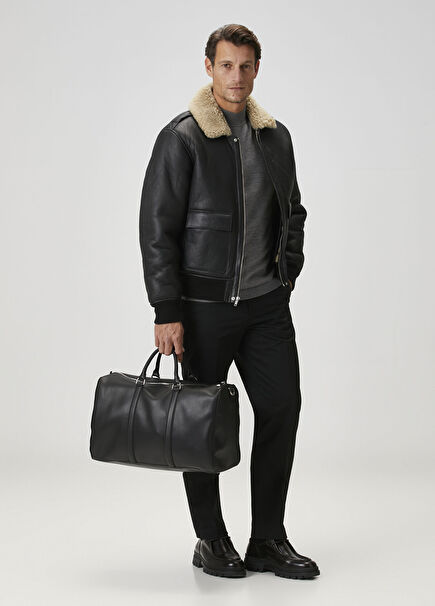 Siyah Shearling Detaylı Deri Mont