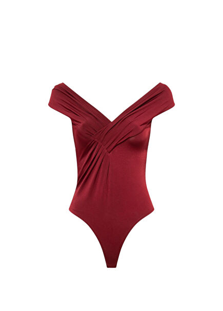 Bordo Kayık Yaka Büzgü Detaylı Kolsuz Kadın Body 
