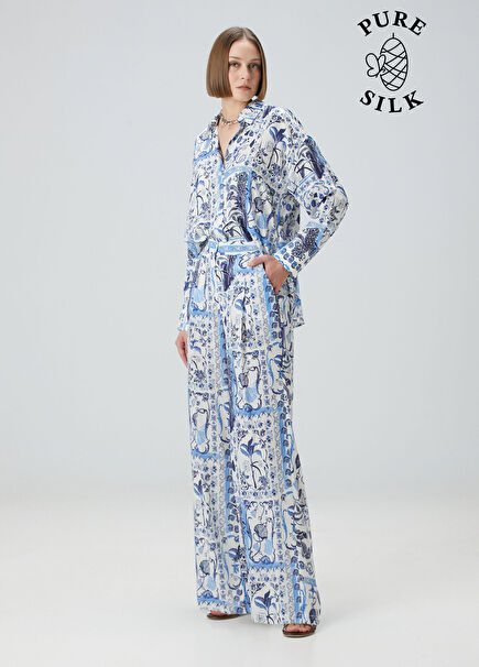 Navy Blue White Patterned Silk Trousers
