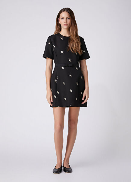 Black Belt Detailed Mini Evening Dress