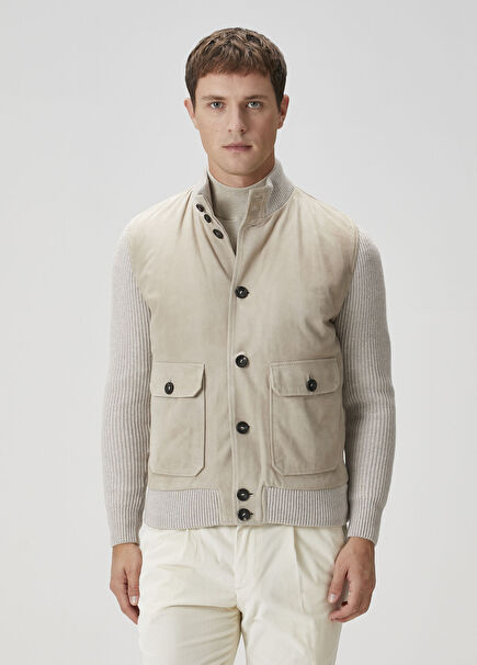 Bej Triko Garnili Deri Ceket