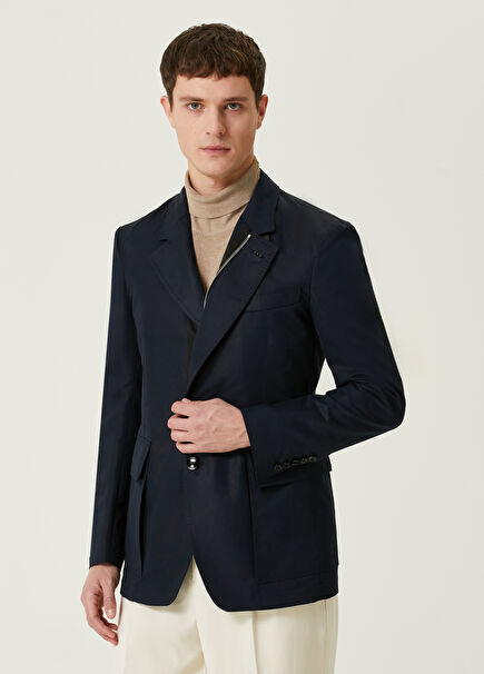 Navy Blue Zipper Detailed Jacket