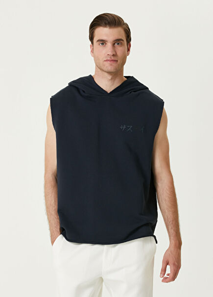 Hiro Koyu Lacivert Kapüşonlu Kısa Kollu Sweatshirt