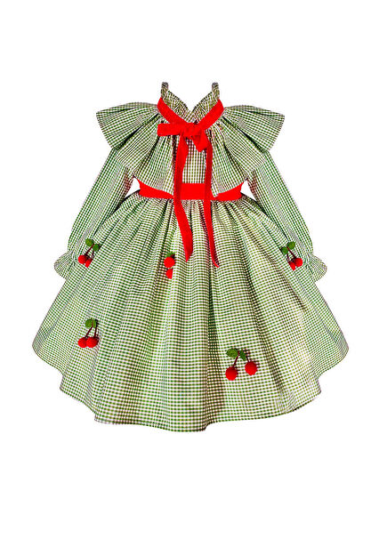 Green Cherry Patterned Plaid Long Sleeve Girl's Dress