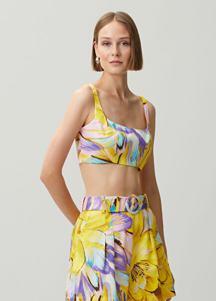 Ruth Sarı Çiçekli Crop Bluz