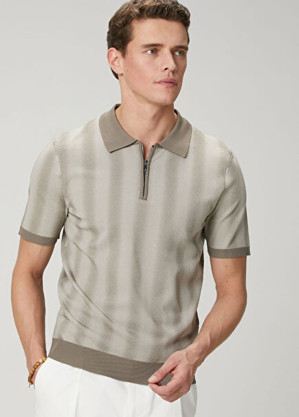 Beige Messy Striped Short Sleeve Polo Sweater