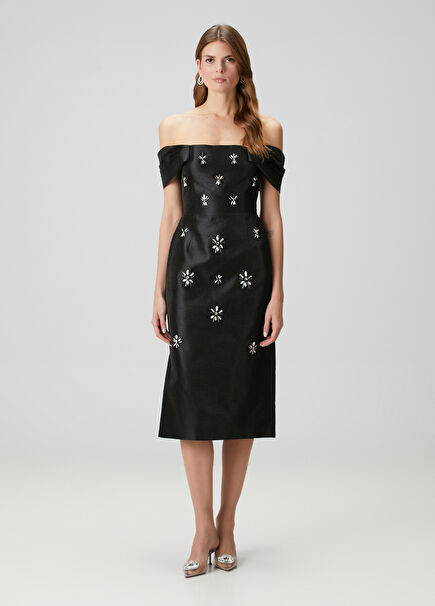 Embroidered Black Open Shoulder Women's Midi Evening Dress