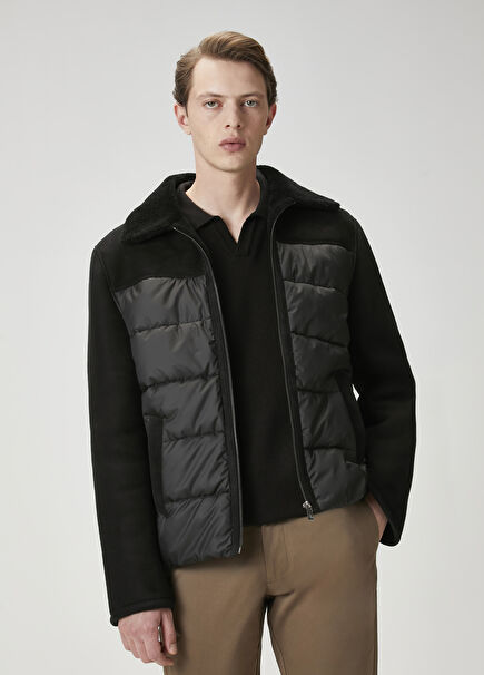 Black Hooded Shearling Detailed Leather Coat