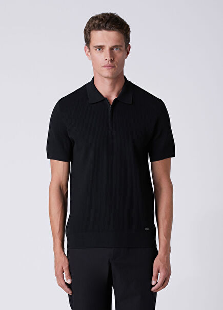 Black Polo Rib Knit Short Sleeve Sweater