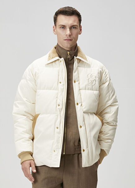 Ekru Yakası Kadife Garnili Puff Mont