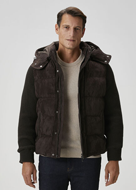 Kahverengi Triko Garnili Hybrid Süet Mont