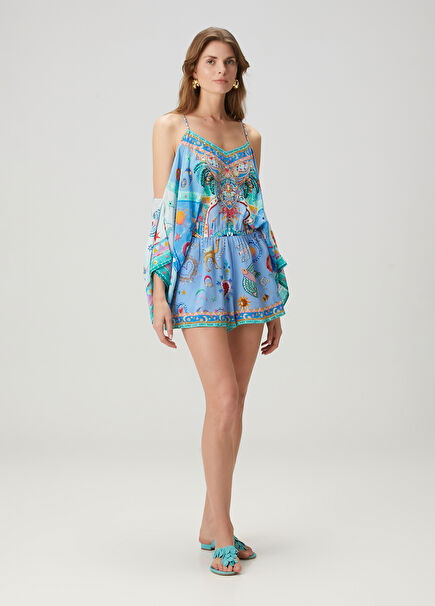 Blue Embroidered Silk Jumpsuit