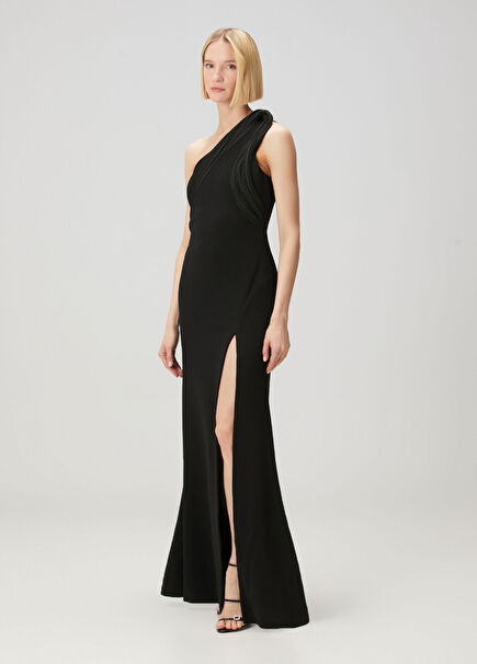 Black One-Shoulder Maxi Evening Dress