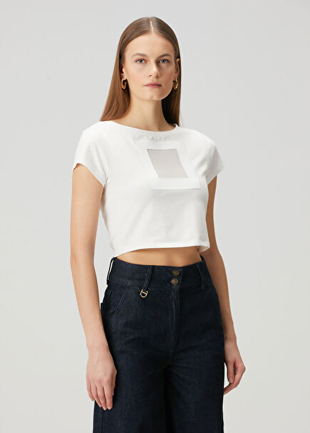 White Transparent Detailed Crop T-Shirt