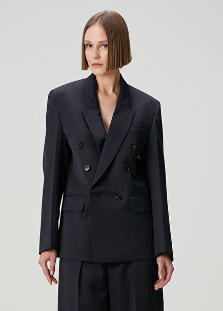 Lacivert Yün Kruvaze Blazer