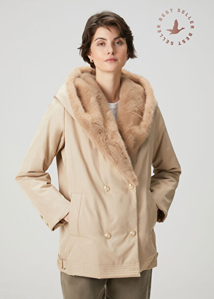 Bej Kapüşonlu Kruvaze Kaban