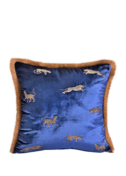 Dekoratif Leopar Desenli Lacivert Kadife Kırlent Kılıfı