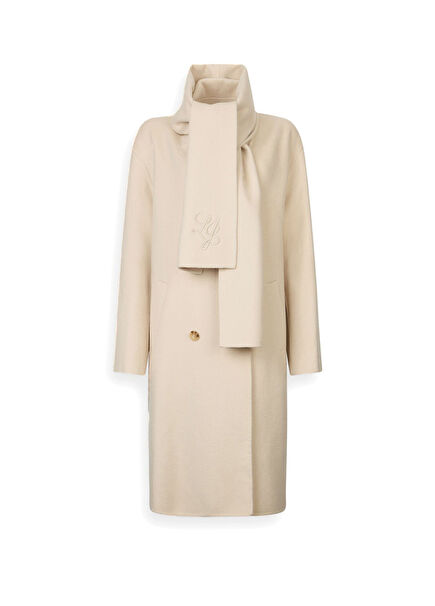 Ekru Atkılı Yün Kadın Palto