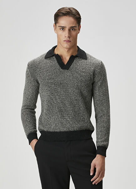 Siyah Polo Yaka Yün Kazak