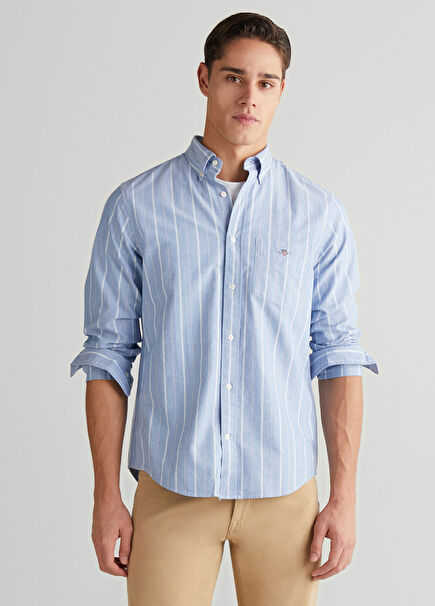 Mavi Düğmeli Regular Fit Uzun Kollu Erkek Gömlek