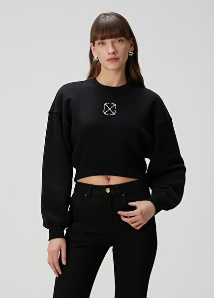 Siyah Taşlı Logolu Crop Sweatshirt